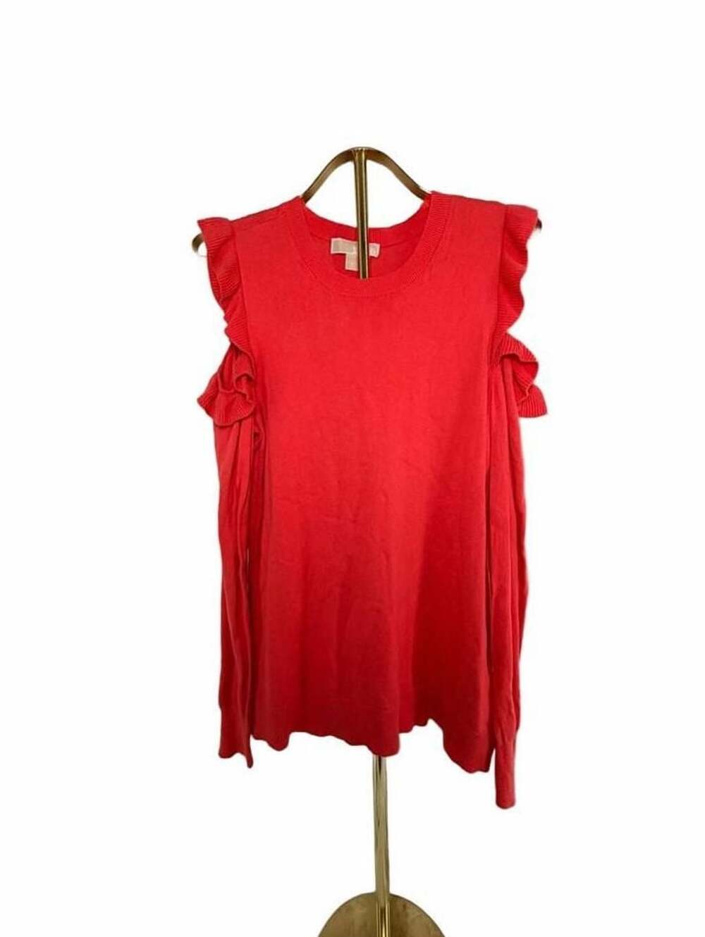 Michael Kors Red Cold Shoulder Ruffle Trim Long Sleeve Sweater